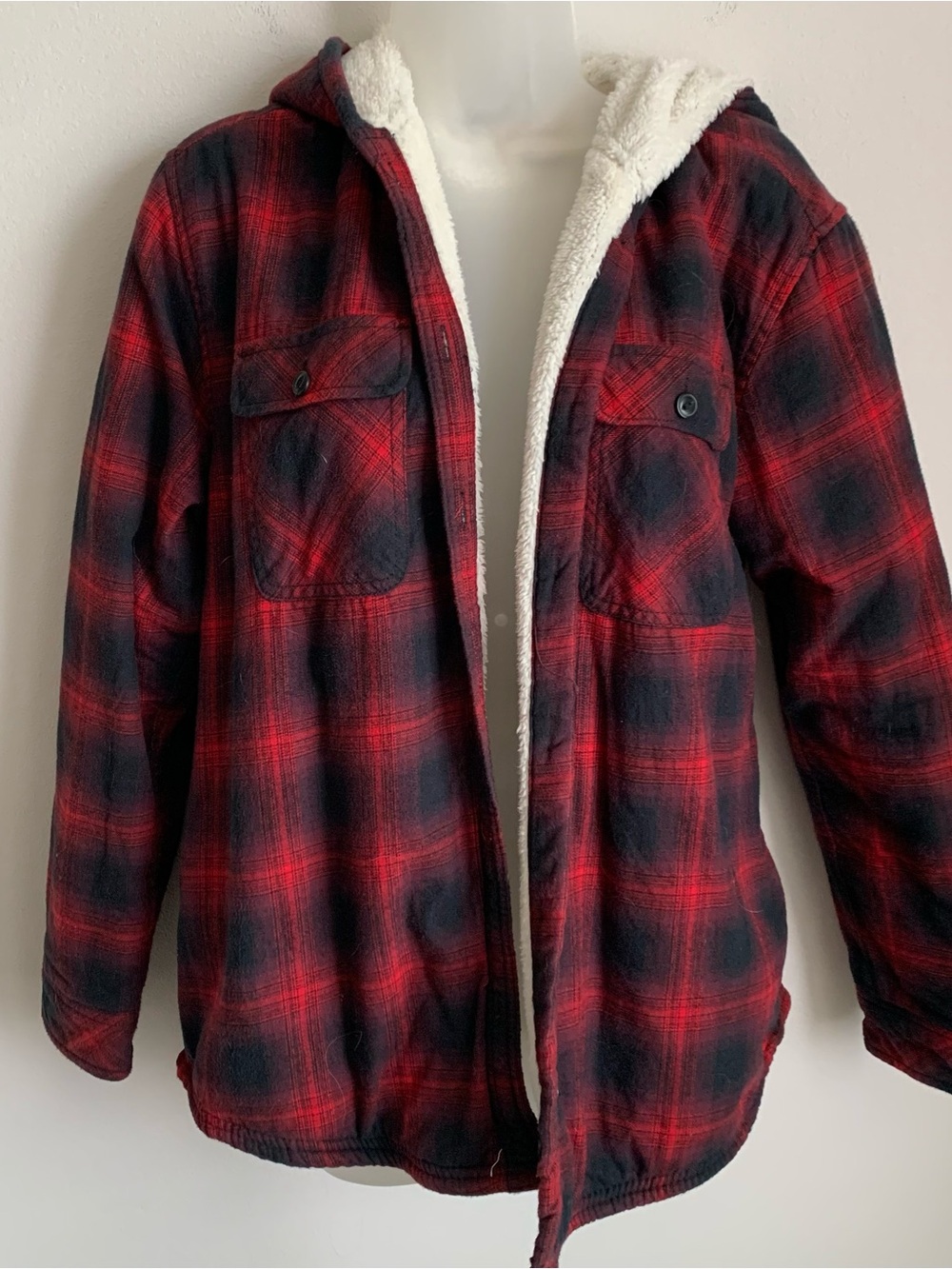Red and Dark Blue Plaid Sherpa-Lined Hooded Jacket
